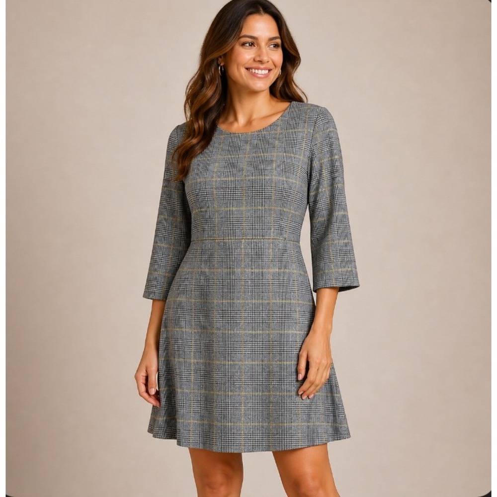 Bryn Walker Shift Dress Women XS Fit and Flare Irys Plaid 3/4 Sleeve Stretch USA